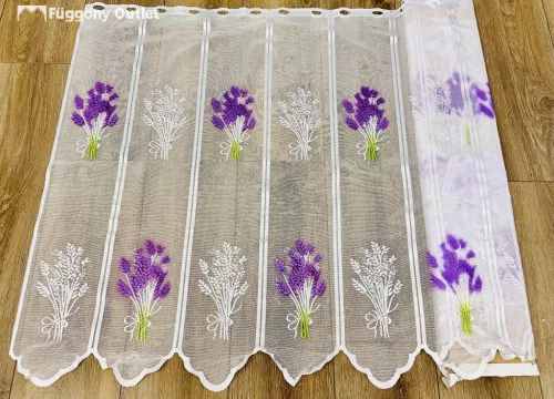 Méteráru, Vitrázs Függöny, Zsakar, Levendula fehér alapon lila, 90 cm