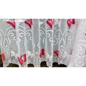   Méteráru, Vitrázs Függöny, Zsakar, Pillangós fehér alapon piros, 120 cm 