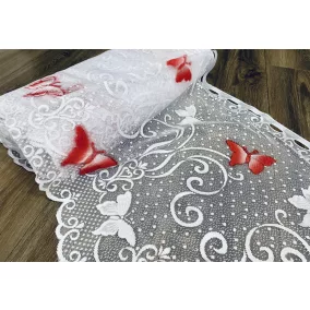   Méteráru, Vitrázs Függöny, Zsakar, Pillangós fehér alapon piros, 60 cm 