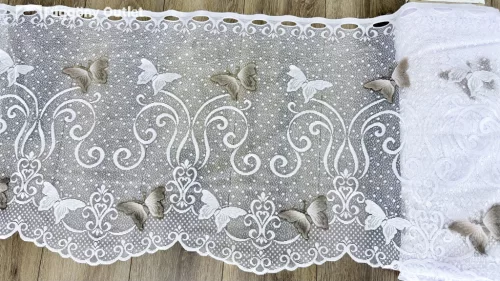 Méteráru, Vitrázs Függöny, Zsakar, Pillangós fehér alapon barna, 60 cm 