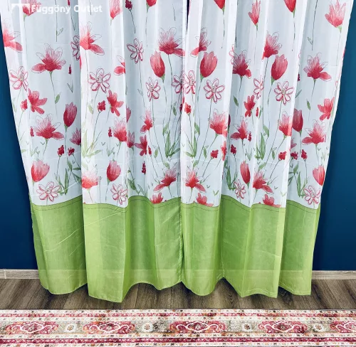Voile, virágos zöld piros, 145x250 cm 