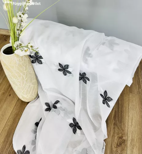 Méteráru, Voile, fekete virágos, fehér, 220 cm 