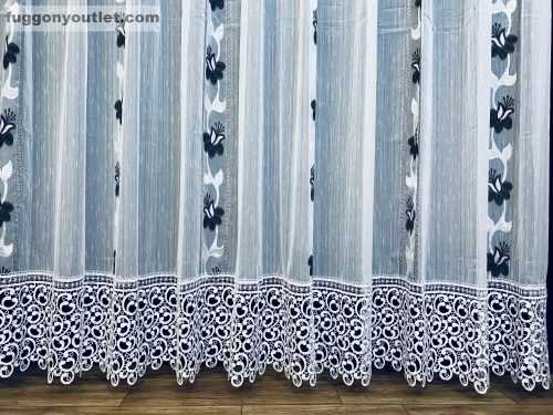 Csipkés Függöny, Harangvirág ( fehér, 30 cm Csipke ) fehér alapon fekete, 300x175 cm