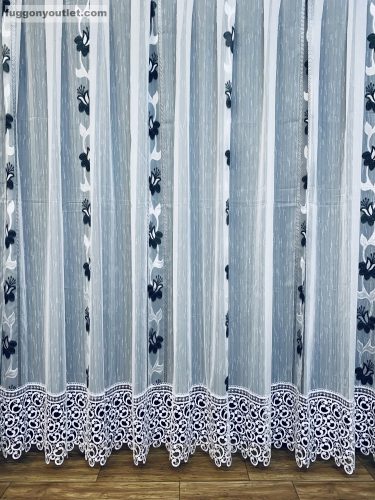 Csipkés Függöny, Harangvirág ( fehér, 30 cm Csipke ) fehér alapon fekete, 300x175 cm
