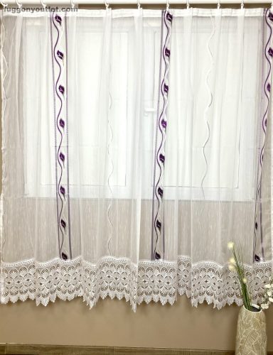 Csipkés Függöny, ezüst Levél ( fehér, 30 cm Csipke ) fehér alapon lila, 300x175 cm