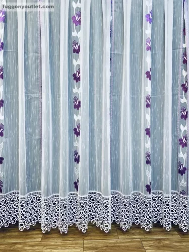 Csipkés Függöny, Harangvirág ( fehér, 30 cm Csipke ) fehér alapon lila, 300x175 cm