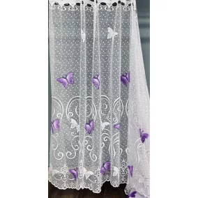   Méteráru, Vitrázs Függöny, Zsakar, Pillangós fehér alapon lila, 120 cm 