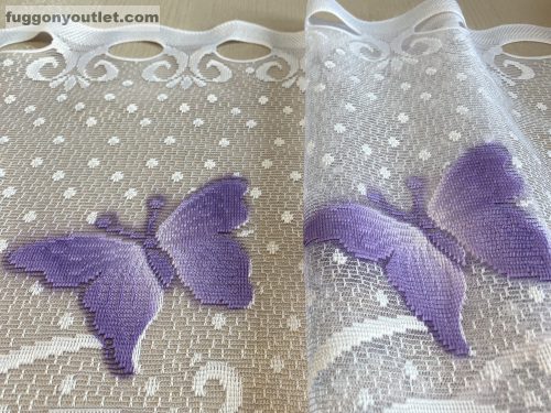 Vitrázs függöny méterben zsakard pillangós fehér alapon lila színű 120 cm magas 