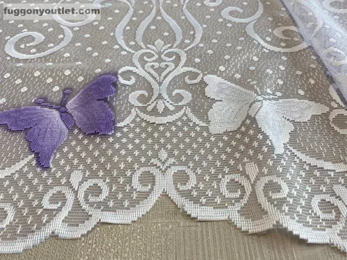 Méteráru, Vitrázs Függöny, Zsakar, Pillangós fehér alapon lila, 60 cm 