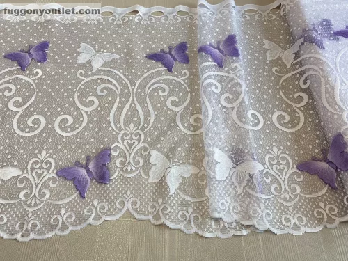 Méteráru, Vitrázs Függöny, Zsakar, Pillangós fehér alapon lila, 60 cm 