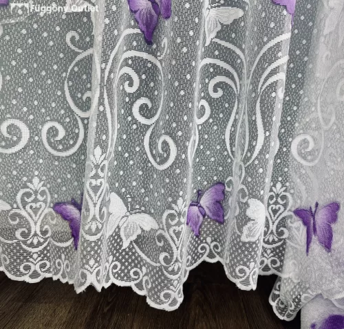 Méteráru, Vitrázs Függöny, Zsakar, Pillangós fehér alapon lila, 120 cm 
