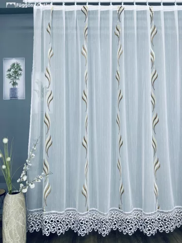 Voile, Dilara, Csipkés, fehér alapon, barna és arany, 300x180 cm