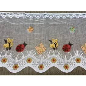   Méteráru, Vitrázs Függöny, Zsakar, Katicabogár, fehér alapon piros Sárga, 57 cm Magas